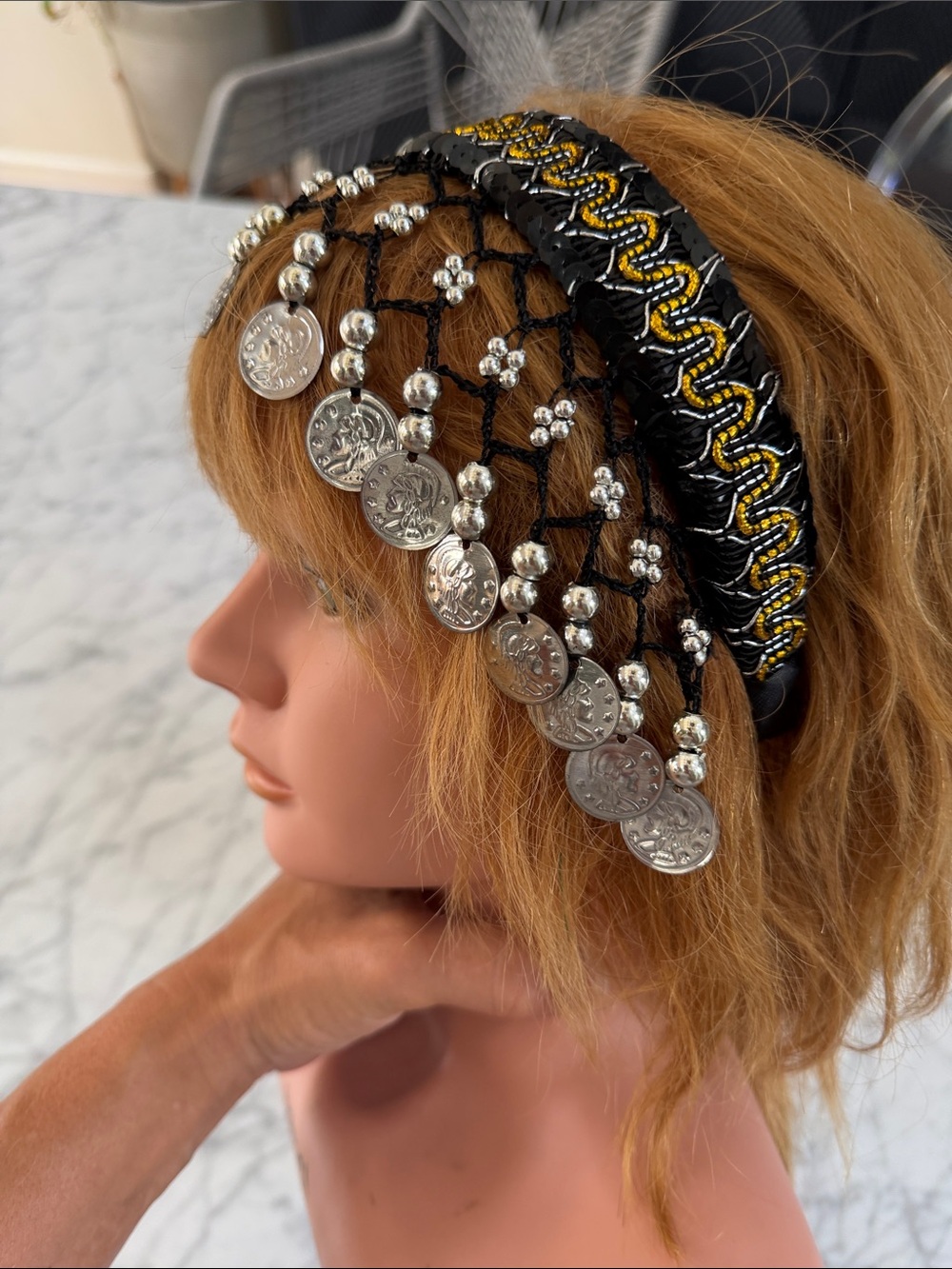 Boho Silver Coin Belly Dance Headband with Beaded Fringe
